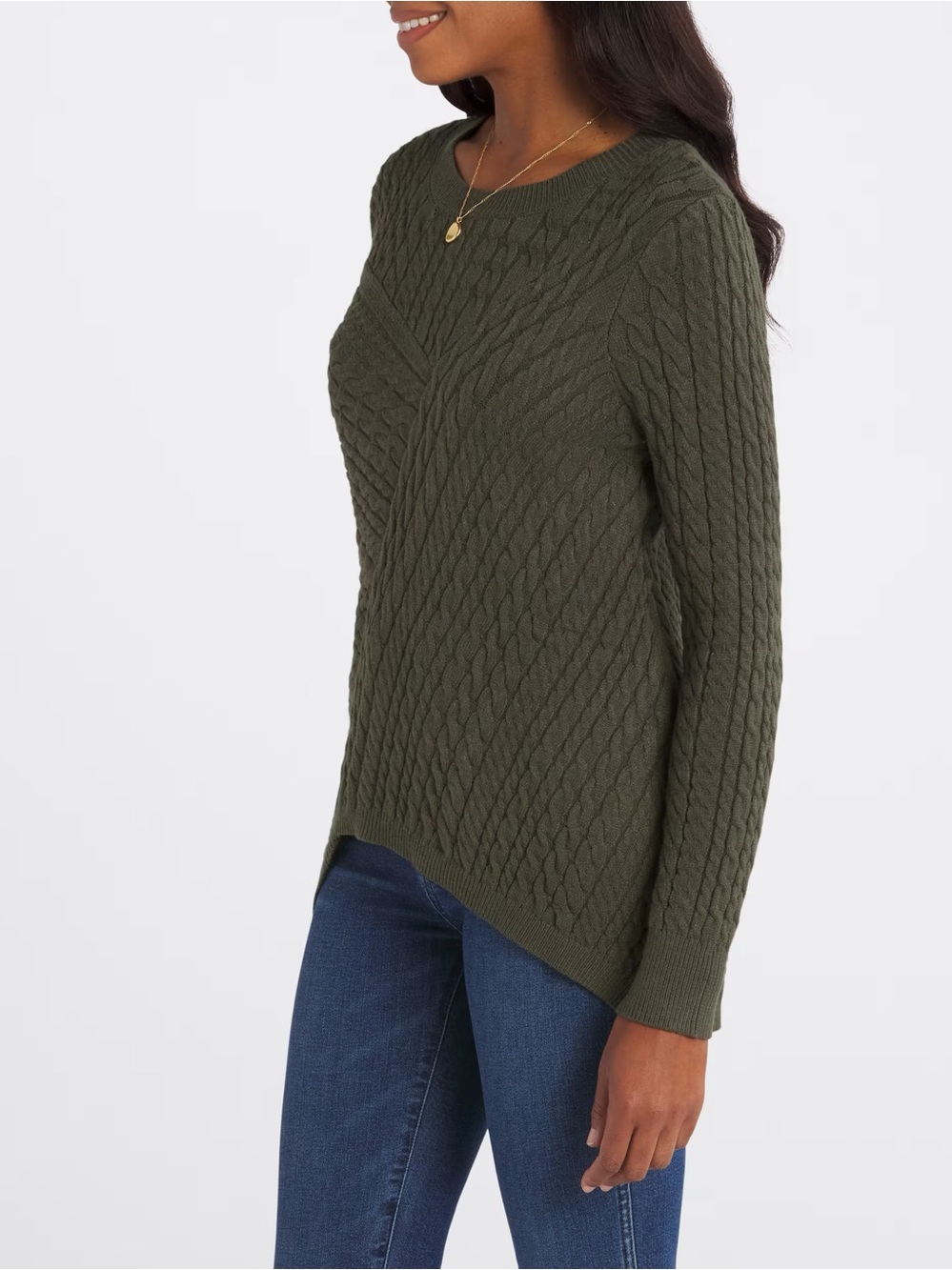 Evolution by Cyrus Aneesa Cable Knit Asymmetric Hem Sweater Olive Green Sz M - Picture 9 of 11